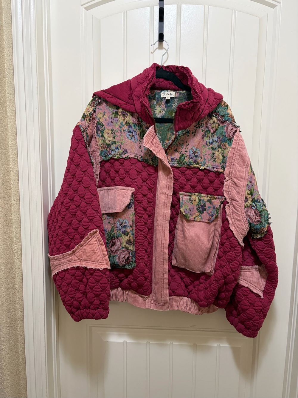 POL Quilted Patchwork Bomber Jacket in Rose & Burgundy